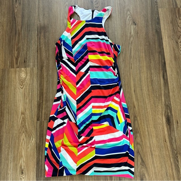 Trina Turk Amaya Colorful Print Bodycon Mini Dress Medium Ruched Sleeveless - Picture 1 of 12